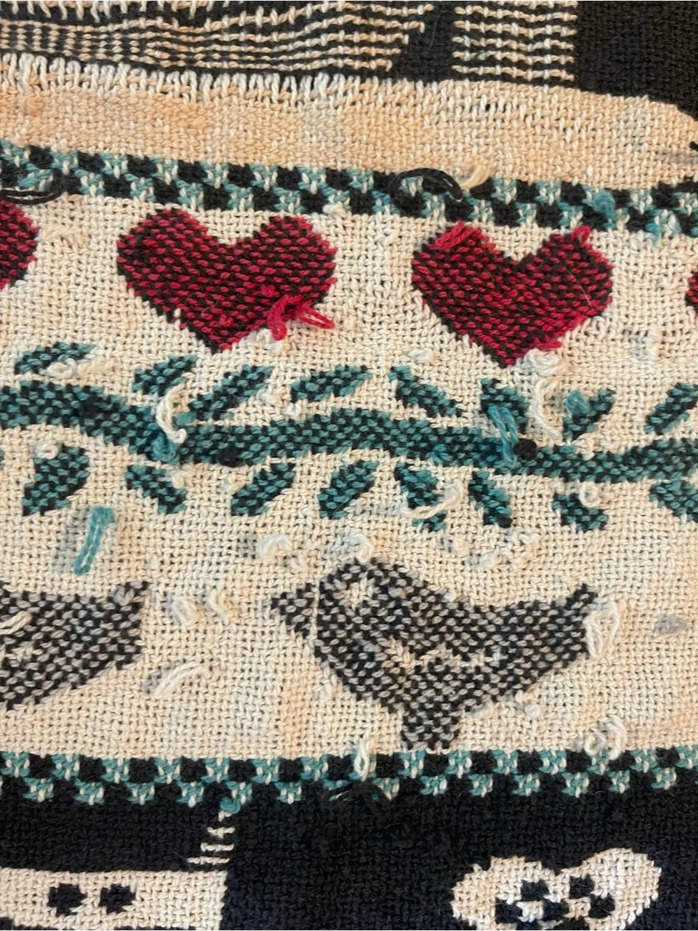 80s Whimsical Cat Woven jacquard  Throw Blanket - with damage -pulled threads